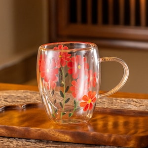 Hand-painted Flower Double Walled Glass Tea Cup with Handle 350ml