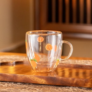 Hand-painted Lemon Double Walled Glass Tea Cup with Handle 180ml