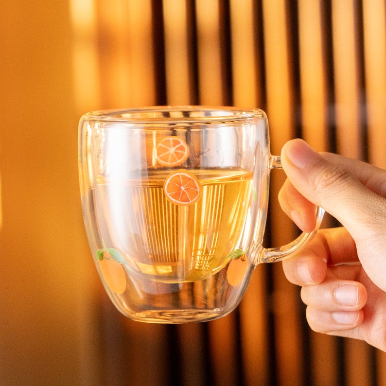 Hand-painted Lemon Double Walled Glass Tea Cup with Handle 180ml