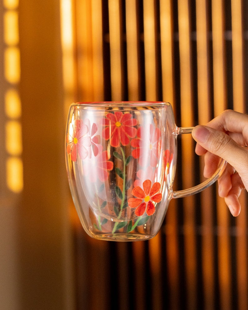Hand-painted Flower Double Walled Glass Tea Cup with Handle 350ml