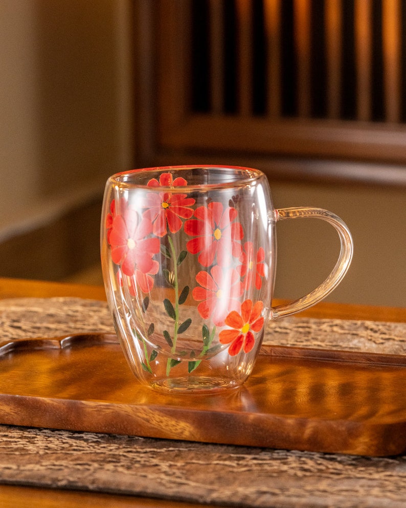 Hand-painted Flower Double Walled Glass Tea Cup with Handle 350ml