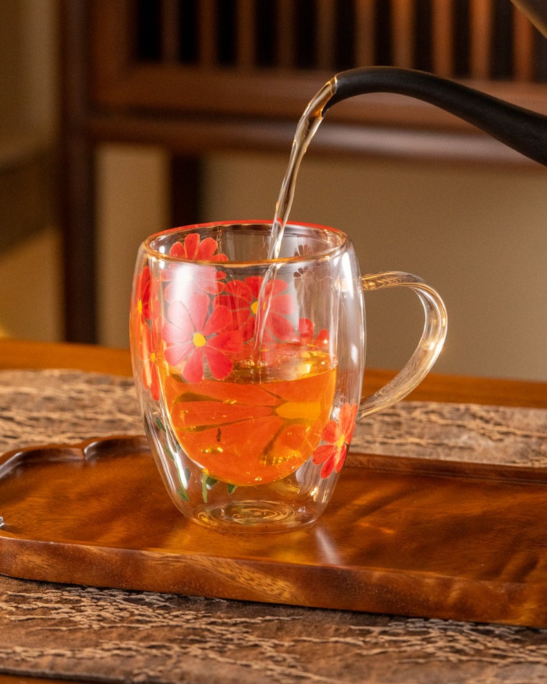 Hand-painted Flower Double Walled Glass Tea Cup with Handle 350ml