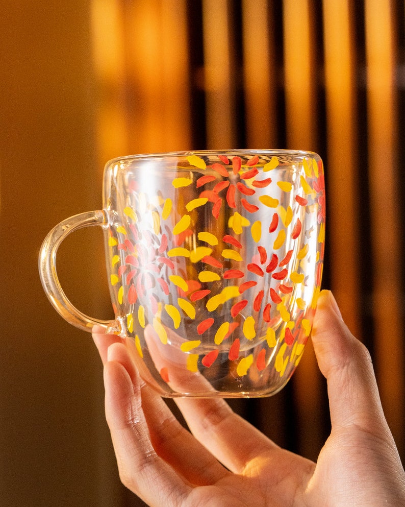 Hand-painted Flower Double Walled Glass Tea Cup with Handle 180ml