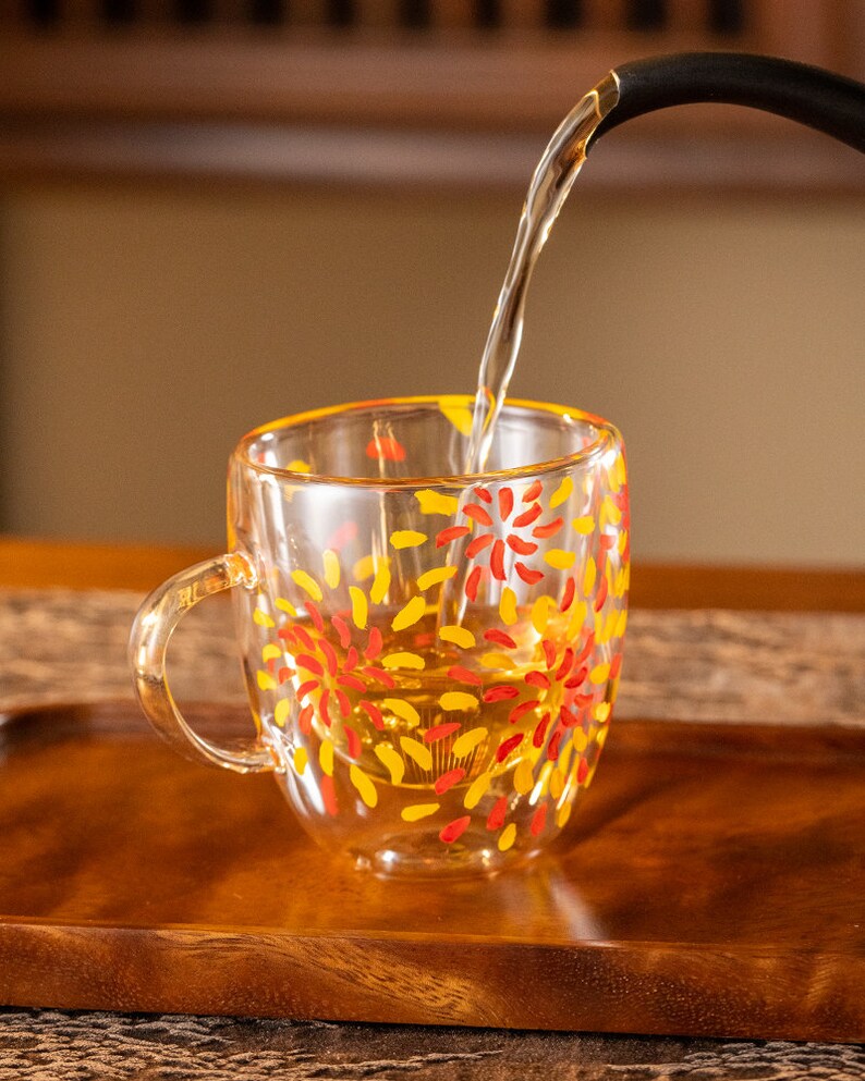 Hand-painted Flower Double Walled Glass Tea Cup with Handle 180ml