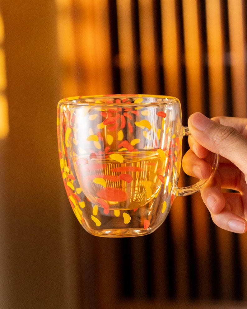Hand-painted Flower Double Walled Glass Tea Cup with Handle 180ml