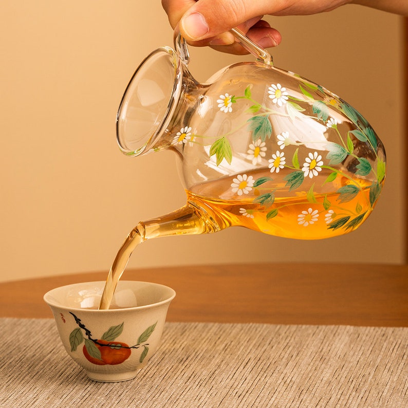 Hand-painted White Daisy Glass Tea Pitcher Clear Gongdaobei 300ml