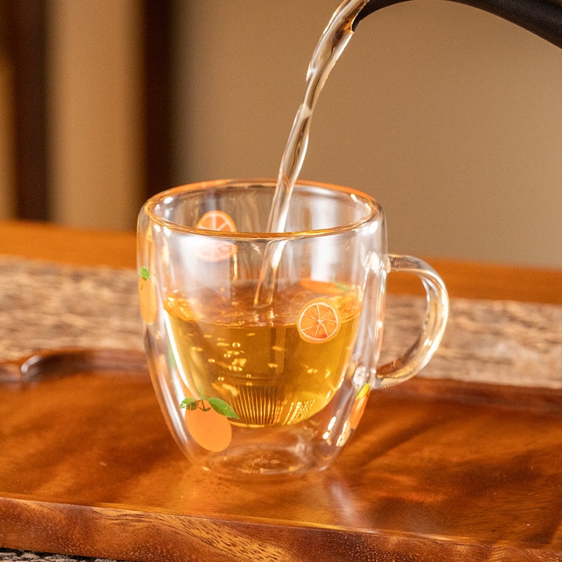 Hand-painted Lemon Double Walled Glass Tea Cup with Handle 180ml