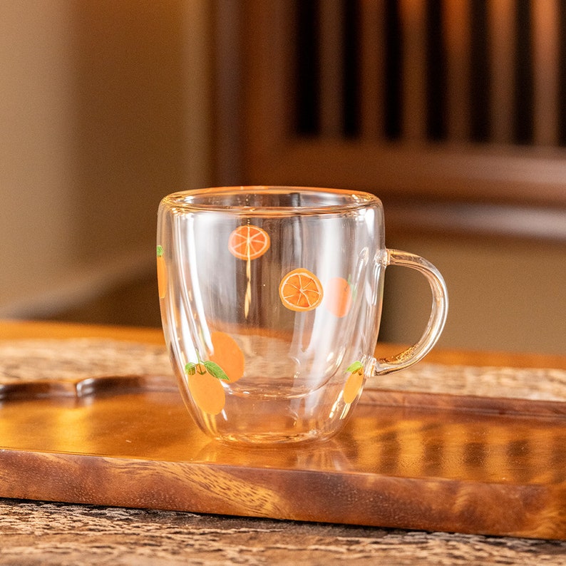 Hand-painted Lemon Double Walled Glass Tea Cup with Handle 180ml