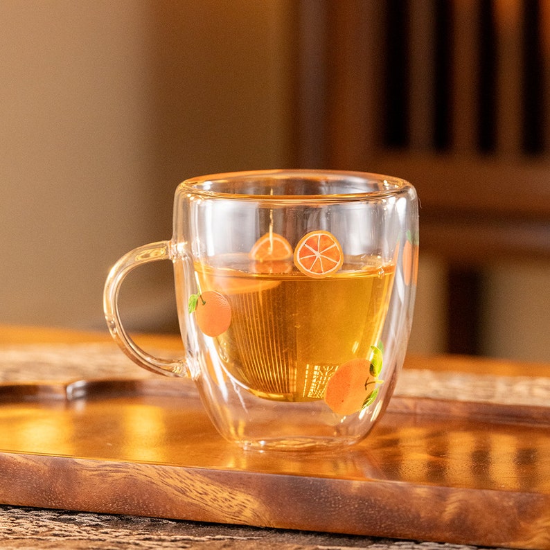 Hand-painted Lemon Double Walled Glass Tea Cup with Handle 180ml