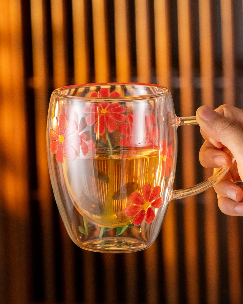 Hand-painted Flower Double Walled Glass Tea Cup with Handle 350ml