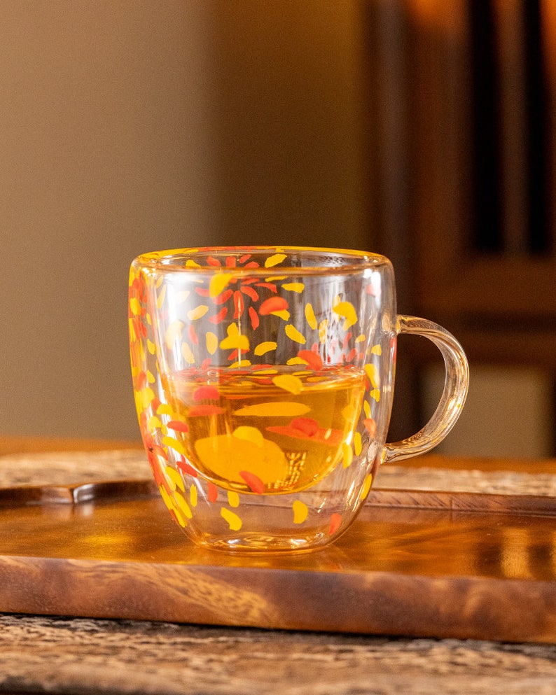 Hand-painted Flower Double Walled Glass Tea Cup with Handle 180ml