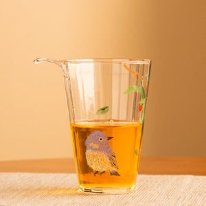 Hand-painted Bird Clear Glass Tea Pitcher Tall Gongdaobei 230ml