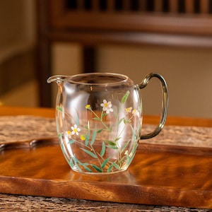 Hand-painted White Daisy Glass Tea Pitcher Clear Chahai 270ml