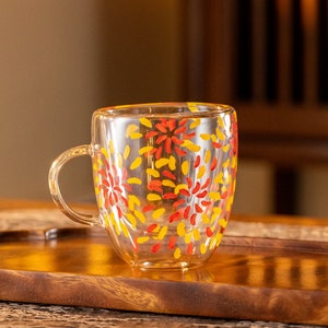 Hand-painted Flower Double Walled Glass Tea Cup with Handle 180ml