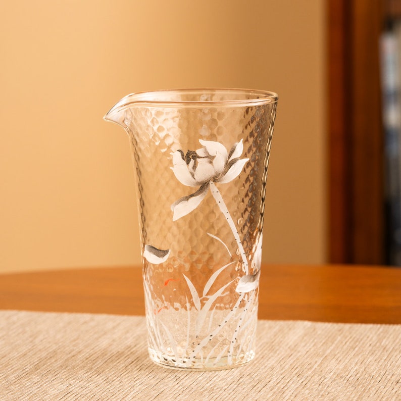 Hand-painted Lotus Hammered Glass Tea Pitcher Tall Gongdaobei 200ml