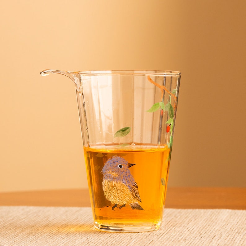 Hand-painted Bird Clear Glass Tea Pitcher Tall Gongdaobei 230ml