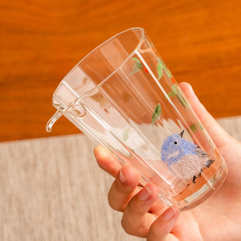 Hand-painted Bird Clear Glass Tea Pitcher Tall Gongdaobei 230ml