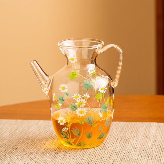 Hand-painted White Daisy Glass Tea Pitcher Clear Gongdaobei 300ml