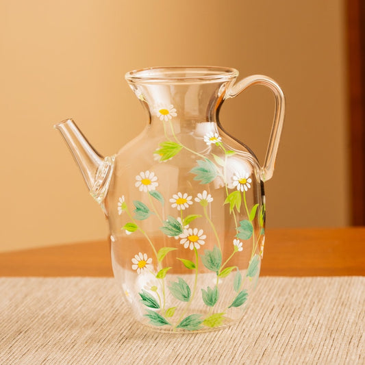 Hand-painted White Daisy Glass Tea Pitcher Clear Gongdaobei 300ml