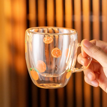 Hand-painted Lemon Double Walled Glass Tea Cup with Handle 180ml