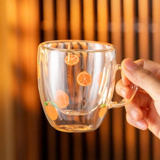 Hand-painted Lemon Double Walled Glass Tea Cup with Handle 180ml