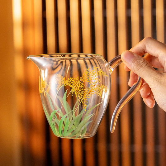 Hand-painted Rice Ear Glass Tea Pitcher Clear Chahai 280ml