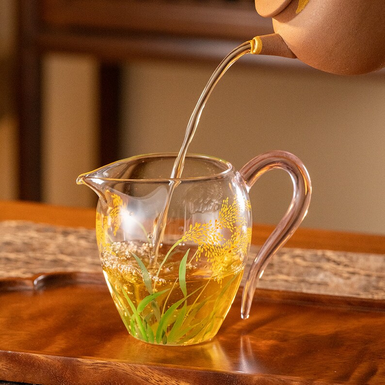 Hand-painted Rice Ear Glass Tea Pitcher Clear Chahai 280ml