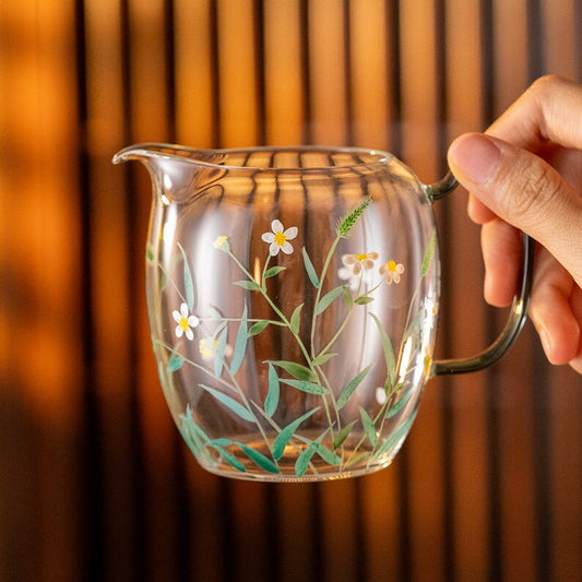 Hand-painted White Daisy Glass Tea Pitcher Clear Chahai 270ml