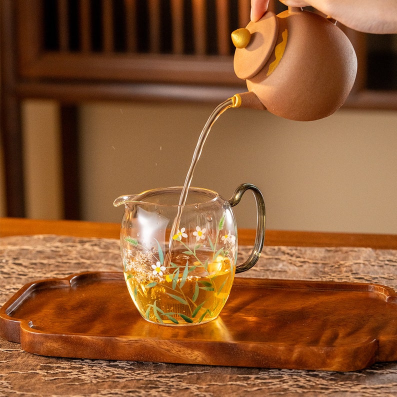 Hand-painted White Daisy Glass Tea Pitcher Clear Chahai 270ml