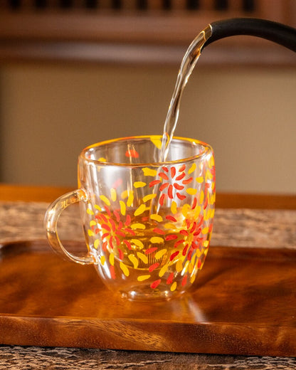 Hand-painted Flower Double Walled Glass Tea Cup with Handle 180ml