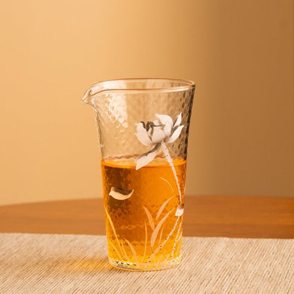 Hand-painted Lotus Hammered Glass Tea Pitcher Tall Gongdaobei 200ml