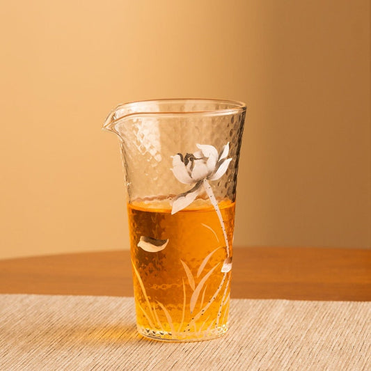 Hand-painted Lotus Hammered Glass Tea Pitcher Tall Gongdaobei 200ml