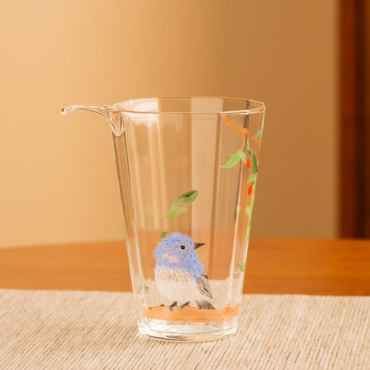 Hand-painted Bird Clear Glass Tea Pitcher Tall Gongdaobei 230ml