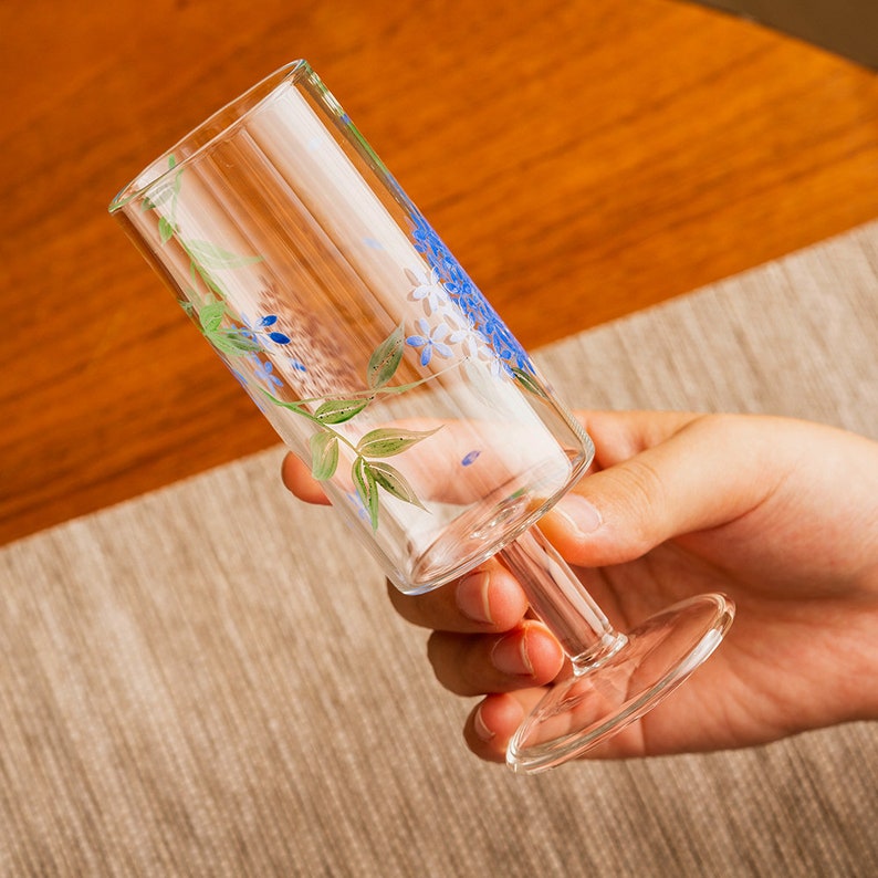 Hand-painted Blue Flower Pattern Clear Tall Glass Tea Tasting Cup 110ml