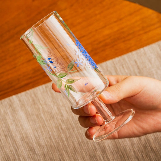 Hand-painted Blue Flower Pattern Clear Tall Glass Tea Tasting Cup 110ml
