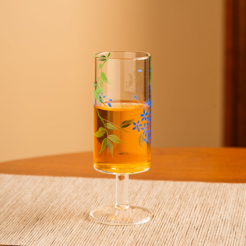Hand-painted Blue Flower Pattern Clear Tall Glass Tea Tasting Cup 110ml