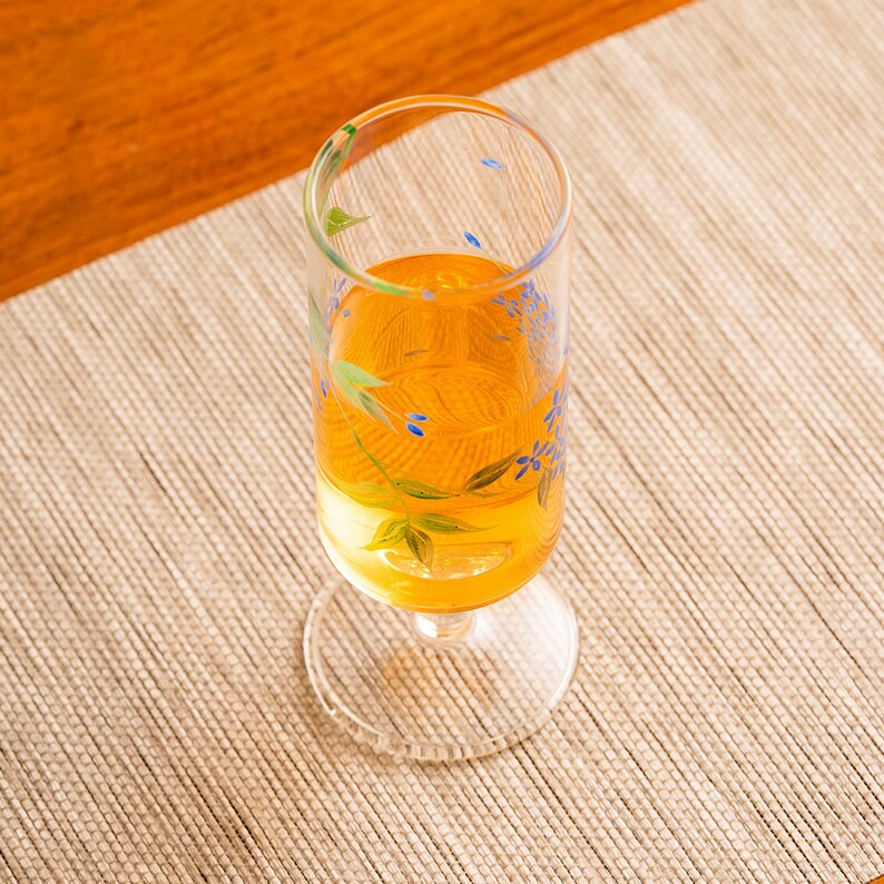 Hand-painted Blue Flower Pattern Clear Tall Glass Tea Tasting Cup 110ml