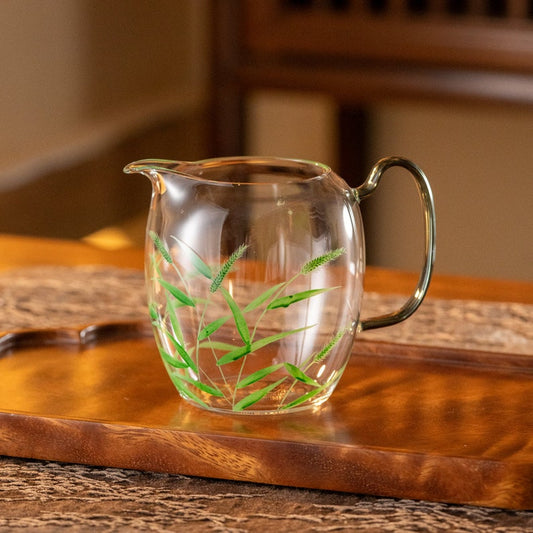 Hand-painted Foxtail Grass Glass Tea Pitcher Clear Chahai 270ml
