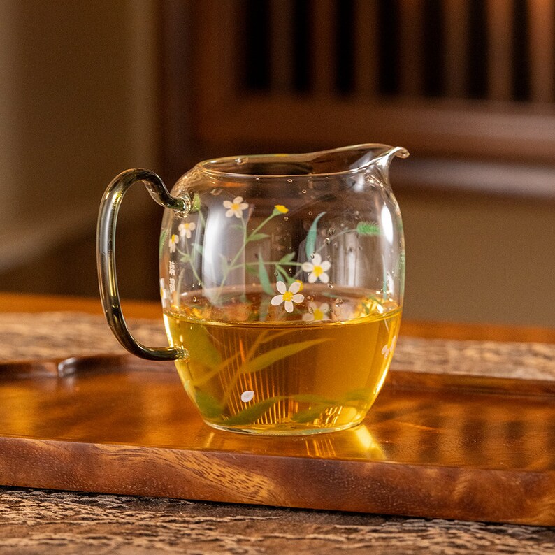 Hand-painted White Daisy Glass Tea Pitcher Clear Chahai 270ml