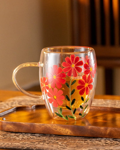 Hand-painted Flower Double Walled Glass Tea Cup with Handle 350ml
