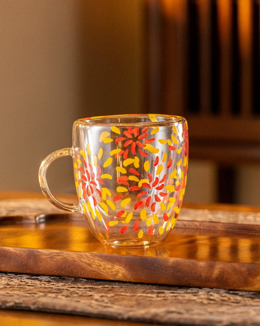 Hand-painted Flower Double Walled Glass Tea Cup with Handle 180ml
