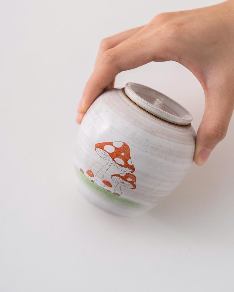 Hand-painted Mushroom White Ceramic Tea Canister with Lid 120ml