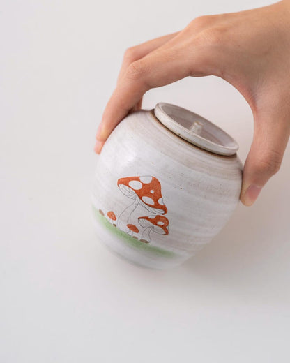 Hand-painted Mushroom White Ceramic Tea Canister with Lid 120ml