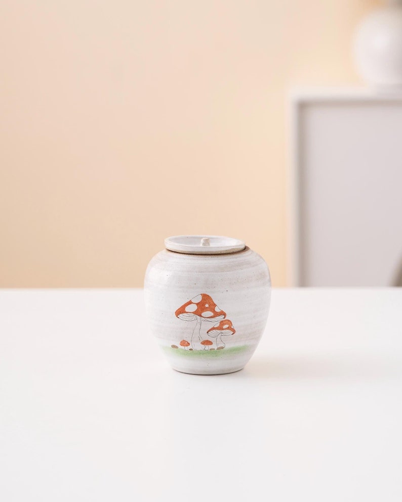 Hand-painted Mushroom White Ceramic Tea Canister with Lid 120ml