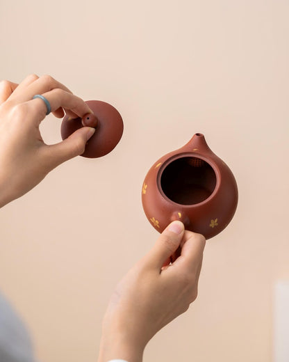 Hand-painted Gold Flower Purple Clay Xishi Teapot from Yixing 100ml