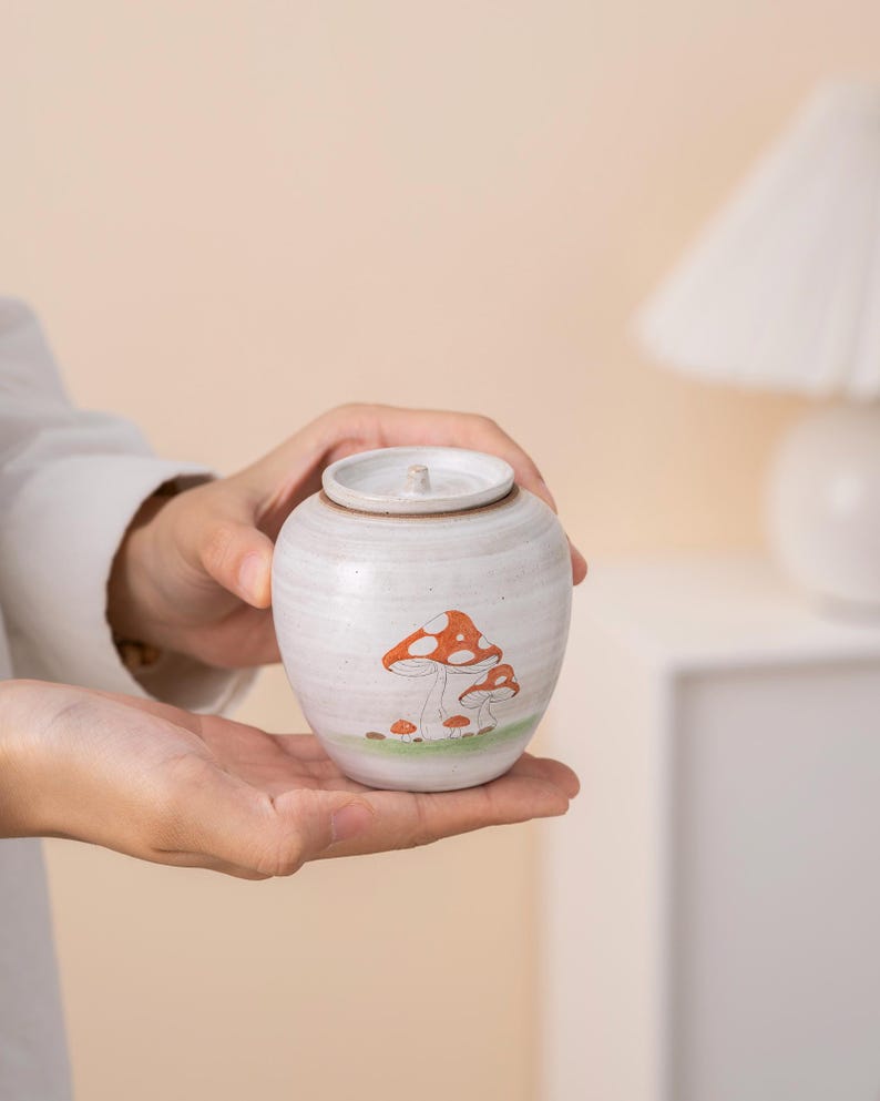 Hand-painted Mushroom White Ceramic Tea Canister with Lid 120ml