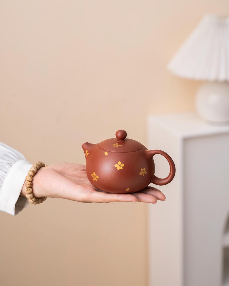 Hand-painted Gold Flower Purple Clay Xishi Teapot from Yixing 100ml