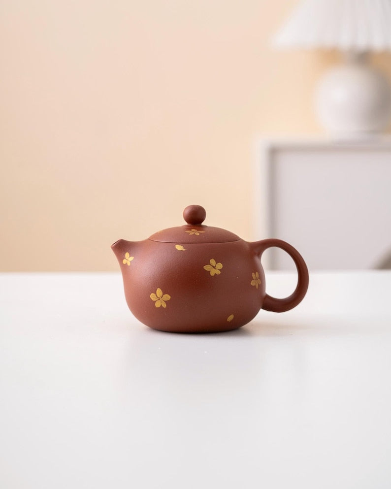 Hand-painted Gold Flower Purple Clay Xishi Teapot from Yixing 100ml