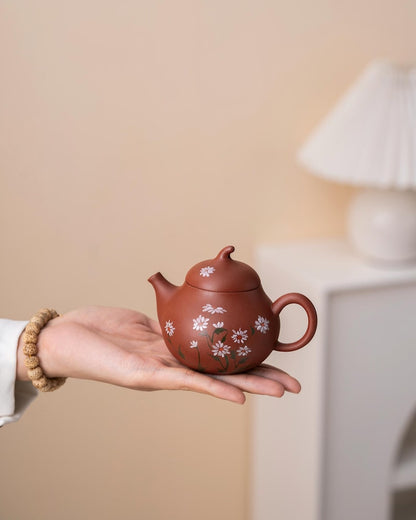 Hand-painted White Daisy Purple Clay Pear Design Teapot from Yixing 150ml
