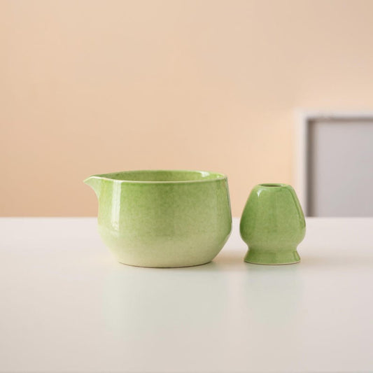 Green Ceramic Matcha Bowl Set with Spout Bamboo Whisk and Chasen Holder Elegant Matcha Tea Ceremonial Set 450ml